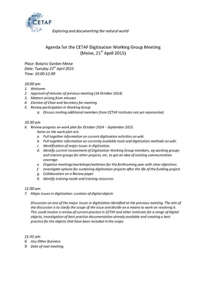 Agenda for the CETAF digitisation working group meeting April 2015