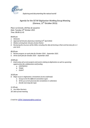 Agenda for the CETAF digitisation working group meeting October 2016