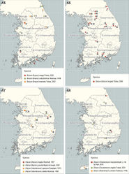 Figures A5–A8. Collecting localities of the material on the species new to South Korea. Point numbers correspond with numbers in brackets in text.