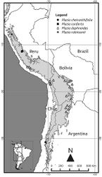 Figure 1. Distribution map of the currently recognized species of Plazia. The shaded area indicates high-elevation areas of the Andes above 3000 m. Locality data were obtained from Cabrera (1951)[12], Ferreyra (1995)[3], Missouri Botanical Garden (http://www.tropicos.org/), Instituto de Botánica Darwinion (through http://www.gbif.org/) and the herbaria ASU, B, F, HUT, P, SGO, US.