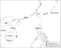 Map 1. Distribution of three species Chamberlinius uenoi (Murakami, 1975) comb. n., Riukiupeltis jamashinai Verhoeff, 1939, and Simplogonomorpha falcata (Attems, 1953) comb. n.