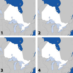 Maps 1–4. Distribution in Ontario of: 1 Deinopsis illinoisensis Klimaszewski 2 Aleochara daviesi Klimaszewski & Brunke sp. n. 3 Aleochara lustrica Say 4 Aleochara tristis Gravenhorst.