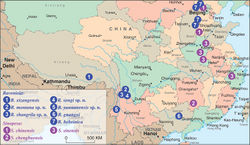 Figure 1. Localities of Raveniola and Sinopesa species in China. Raveniola: 1 XIZANG/TIBET: Jansha County 2–4 YUNNAN: Shika Mts. 5 YUNNAN:Finchuiyanou Mts. 6 GUANGXI: Liuzhou 7 BEIJING municipality: Mt. Xialongmen; HEBEI: Tuoliang, Bai’an, Damaqun Shan Mts. Sinopesa: 1 BEIJING municipality: Chanping; HEBEI: Pingxiang 2 HUNAN: Chengbu County 3 ZHEJIANG: Lin’an; HENAN: Huaiyang, Xiping, Yueyang, Shāngchéng.