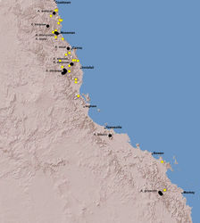 ' Figure 25.' Summary distribution of the Austrarchaea daviesae species-group in tropical north-eastern Queensland, showing collections records for described species (labelled, with black circles) and unidentified juveniles or females (yellow circles) (see Table 1). Note the high proportion of unidentified specimens, especially within the Wet Tropics bioregion between Cooktown and Ingham.