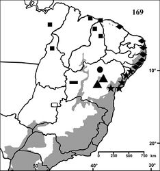 Figure 169. Map showing records of Iridopelma species in Northestern, Central western and Northern Brazil. Diamond = Iridopelma hirsutum Pocock, 1901, star = Iridopelma zorodes (Mello-Leitão, 1926), square = Iridopelma vanini sp. n., retangle = Iridopelma marcoi sp. n., triangle = Iridopelma katiae sp. n., circle = Typhochlaena oliveirai sp. n. The gray area represents the approximate original distribution of Brazilian Atlantic rainforest. White area represents open environments (cerrado and caatinga).