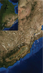 Map 1. Distribution of type localities for all known species of Aptostichus. Three letter identifiers are defined in Table 1; inset shows approximate scope of study area.