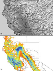 Maps 18, 19. Aptostichus barackobamai sp. n. 18 distribution of known specimens 19 predicted distribution; cooler colors–blue shades–represent areas of high probability of occurrence, warmer colors–yellow and orange shades–represent areas of low probability of occurrence.