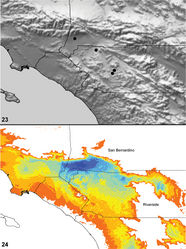 Maps 23, 24. Aptostichus cahuilla Bond sp. n. 23 distribution of known specimens 24 predicted distribution; cooler colors–blue shades–represent areas of high probability of occurrence, warmer colors–yellow and orange shades–represent areas of low probability of occurrence.