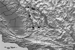 Map 29. Distribution of Aptostichus sarlacc sp. n. (filled squares) and Aptostichus derhamgiulianii sp. n. (filled circles).