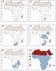 Figures 278–283. Maps of distribution. 278 Abrarius Fairmaire 279 Afroaltica Biondi & D’Alessandro 280 Afrocrepis Bechyné 281 Afrorestia Bechyné 282 Alocypha Weise 283 Altica Geoffroy.