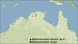 Figure 14. Distribution of Batrachomatus: Batrachomatus larsoni sp. n.(squares) and Batrachomatus wingii (dots).