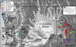 Figure 1. Distribution of Acuclavella. Black circles are localities where Acuclavella were specifically targeted, but not encountered. Black crosses indicate localities where general surveys of litter invertebrates (e.g., Opiliones, Diplopoda, terrestrial Gastropoda) were conducted and Acuclavella were not encountered. Blue lines point to labeled rivers. Type localities (T) from Shear (1986)[1] are indicated with paddle icons; green paddle = Acuclavella shoshone. Type localities of species described in this work are indicated with inverted triangles. Image saved from Google Earth.