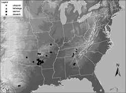 Figure 13. Distribution map for Zealeuctra stewarti, Zealeuctra talladega, Zealeuctra ukayodi sp. n., and Zealeuctra warreni.