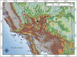 Figure 1. Map depicting the distribution of Pseudouroctonus peccatum sp. n. (black star) and type localities of geographically proximate species in genus Pseudouroctonus (blue diamonds) and Uroctonites (red circles): 1 Pseudouroctonus glimmei (Hjelle, 1972) 2 Uroctonites montereus (Gertsch & Soleglad, 1972) 3 Uroctonites giulianii William & Savary, 1991 4 Uroctonites sequoia (Gertsch & Soleglad, 1972) 5 Pseudouroctonus minimus thompsoni (Kraepelin, 1911) 6 Pseudouroctonus angelenus (Gertsch & Soleglad, 1972) 7 Pseudouroctonus minimus minimus (Kraepelin, 1911) 8 Pseudouroctonus bogerti (Gertsch & Soleglad, 1972) 9 Pseudouroctonus andreas (Gertsch & Soleglad, 1972) 10 Pseudouroctonus williamsi (Gertsch & Soleglad, 1972) 11 Pseudouroctonus minimus castaneus (Gertsch & Soleglad, 1972) 12 Pseudouroctonus rufulus (Gertsch & Soleglad, 1972) 13 Uroctonites huachuca (Gertsch & Soleglad, 1972) 14 Pseudouroctonus apacheanus (Gertsch & Soleglad, 1972).