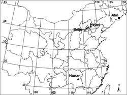 Figure 7. Collecting localities of Acanoides species and Acanthoneta aggressa, Acanoides beijingensis sp. n. (Beijing, Hebei); Acanoides hengshanensis (Hunan, Beijing); Acanthoneta dokutchaevi (Jilin).