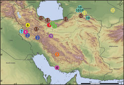 Figure 33. Distribution records of Acanthinozodium spp. (partim 1–3, 5, 6, 8, 9), Zodariellum spp. (10, 11) and Zodarion spp. (4, 7, 12) in Iran and Turkmenistan: 1A. armita sp. nov. 2A. diara sp. nov. 3A. elburzicum sp. nov. 4Z. buettikeri5A. dorsa sp. nov. 6A. kiana sp. nov. 7Z. lutipes8A. masa sp. nov. 9A. parmida sp. nov. 10Z. proszynskii11Z. sytchevskajae12Z. talyschicum.