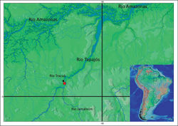 Figure 4. Map showing the type locality (red square) of Pseudancistrus zawadzkii at rio Tapajós, 04°33'09.7"S, 56°17'59.6"W, and paratype locality (black circle) at rio Tracuá, Tapajós river basin, 04°28'11.2"S, 56°17'01.1"W.