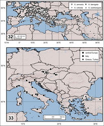 Figures 32–33. 32 Distribution of Ablattaria spp. in Western Palaearctic region 33 Delimitation and distribution of samples of Ablattaria laevigata used in geometric morphometrics.