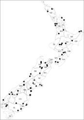 Figure 4. Known collection localities of Pseudoexeirarthra gen. n. Pseudoexeirarthra spinifer (Broun): black circles; Pseudoexeirarthra colorata (Broun): black triangles; Pseudoexeirarthra puncticollis (Broun): black squares.