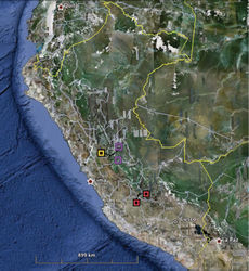 Figure 4. Map showing distributions of the new Euspondylus species. The filled-in squares represent records for both new species. Red filled-in squares correspond to Euspondylus chasqui and yellow filled-in square corresponds to Euspondylus oreades. Purple empty squares correspond to Euspondylus spinalis.