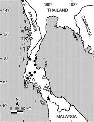 Map 3. Distributions of three widespread species of Orthomorpha. Open triangle: Orthomorpha holorogiformis Golovatch, 1998; Filled circle: Orthomorpha subkarschi Golovatch, 1998; Filled triangle: Orthomorpha thalebanica Golovatch, 1998.