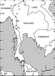 Map 4. Distribution of two widespread species of Orthomorpha. Filled square: Orthomorpha lauta Golovatch, 1998; Filled triangle: Orthomorpha insularis Pocock, 1895.
